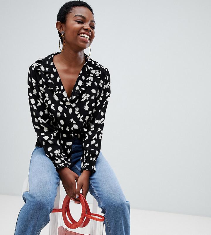 Asos Design Petite Waisted Tea Blouse With Collar Detail In Abstract Print And Long Sleeves-multi