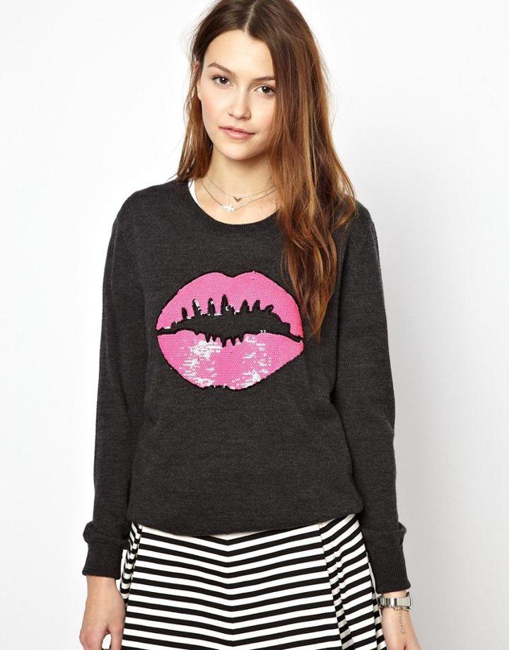 Markus Lupfer Pink Smacker Lip Sequinned Sweater In Neon