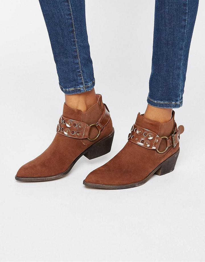 London Rebel Western Ankle Boots - Brown
