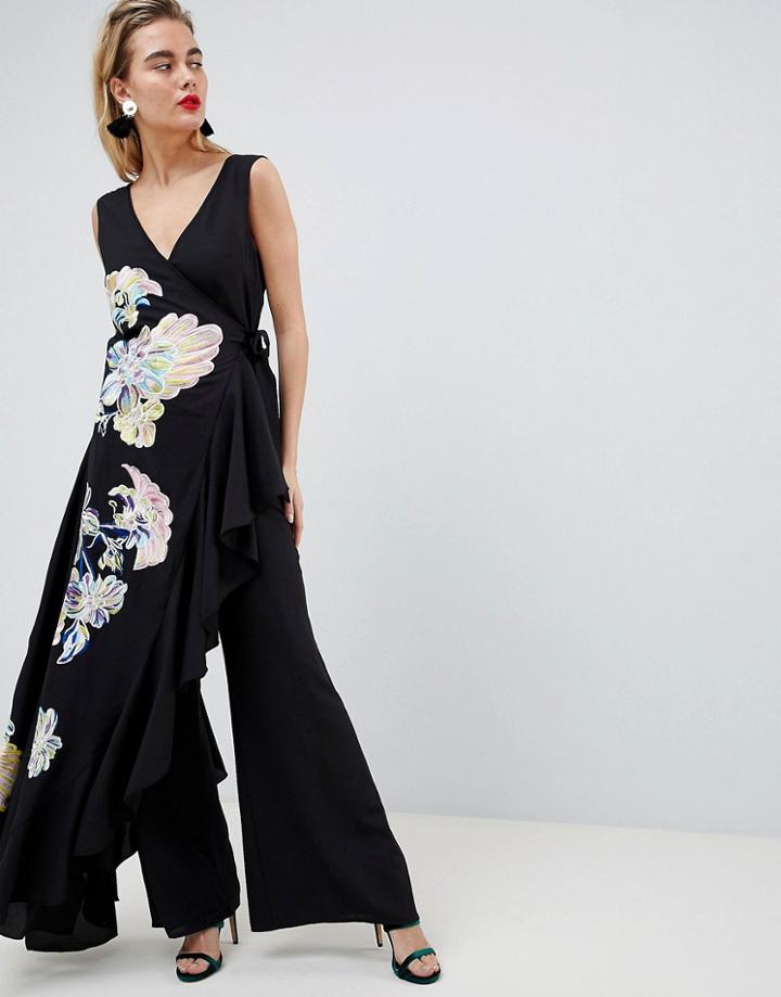Asos Design Premium Embroidered Jumpsuit With Drape Detail - Multi