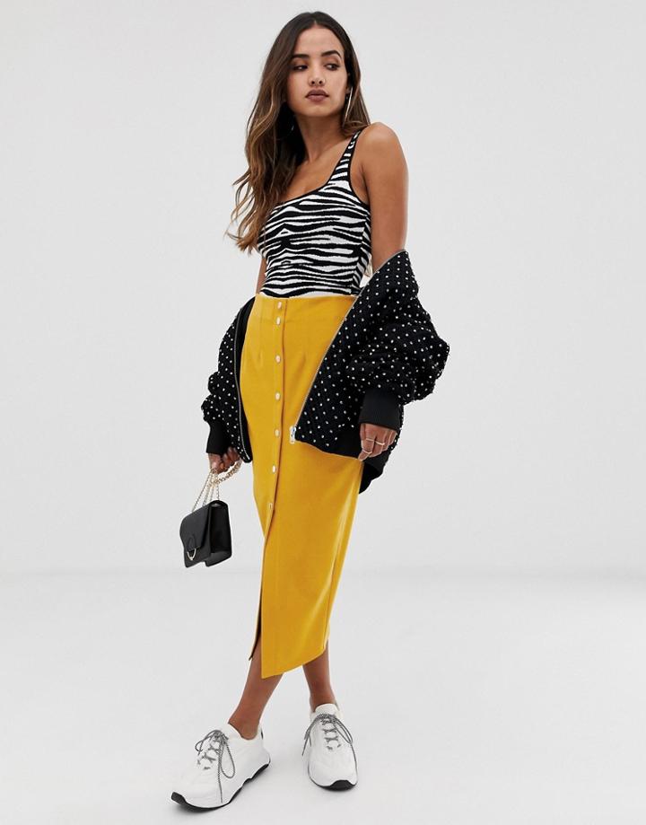 Asos Design Waisted Midi Skirt With Popper Front-gold