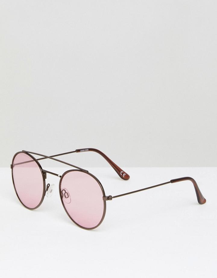 Asos Round Aviator Sunglasses In Chocolate Metal Frame With Pink Lens - Brown