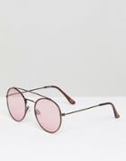 Asos Round Aviator Sunglasses In Chocolate Metal Frame With Pink Lens - Brown