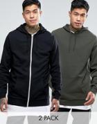 Asos Longline Zip Up/ Overhead Hoodie 2 Pack Black/ Khaki - Multi