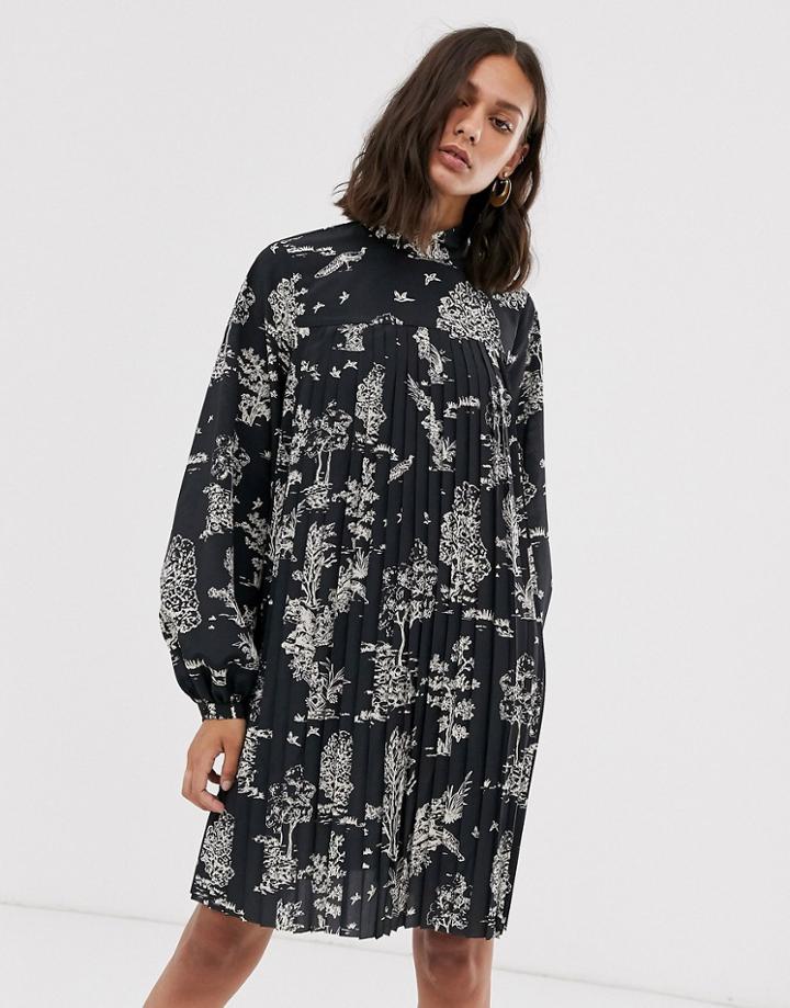 & Other Stories Woodland Print Pleated Mini Dress In Black