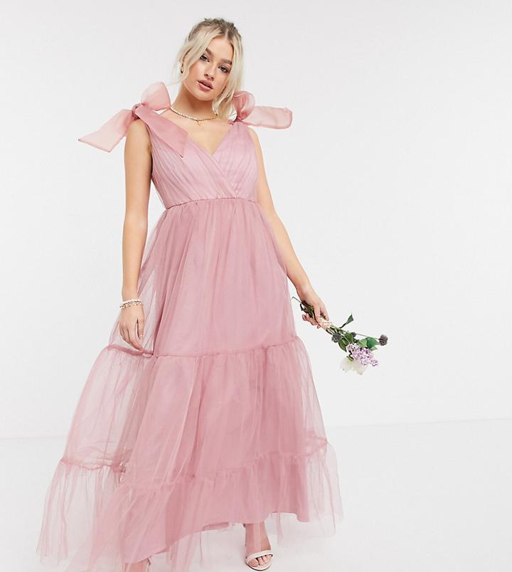 Asos Design Petite Tulle Bow Tie Tiered Maxi Dress In Rose-pink