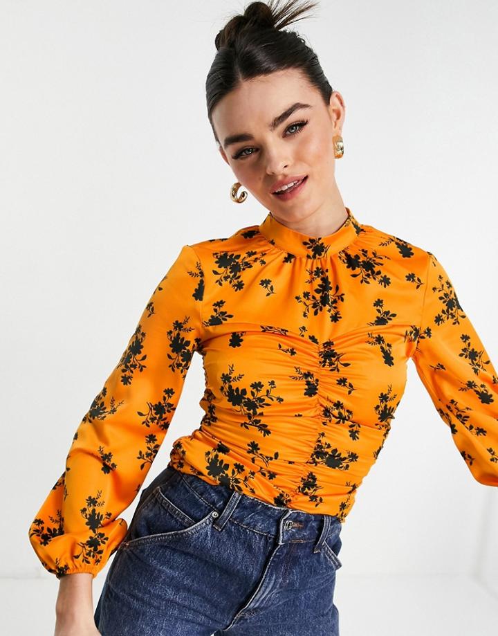 Asos Design High Neck Ruched Front Top Long Sleeve In Orange Floral-multi
