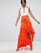 Asos Design Jacquard Maxi Skirt With Ruched Waist - Orange