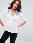 Asos Embroidered Tea Blouse With Knot Detail - White
