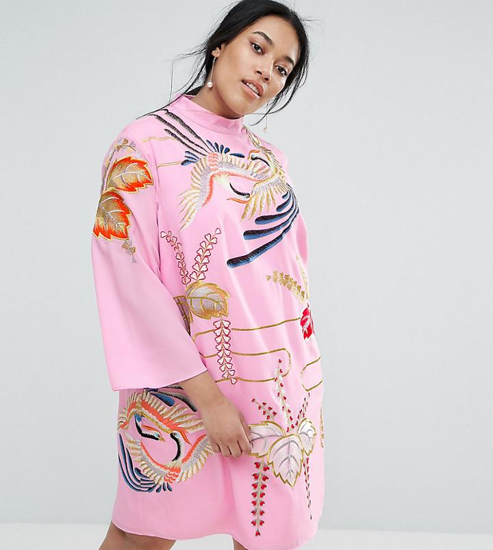 Asos Curve Embroidered Tunic Shift Mini Dress - Pink