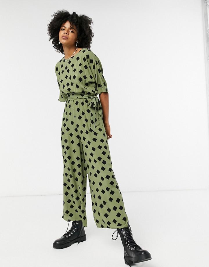 Asos Design Tie Waist Jumpsuit In Khaki Graphic Print-multi