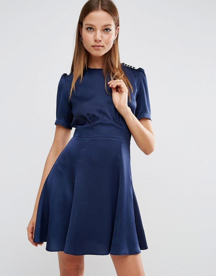 Asos Short Sleeve Satin Tea Dress With Roleaux Buttons - Navy