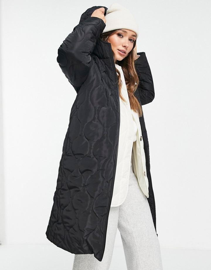 Mango Diamond Quilted Longline Coat With Hood In Black