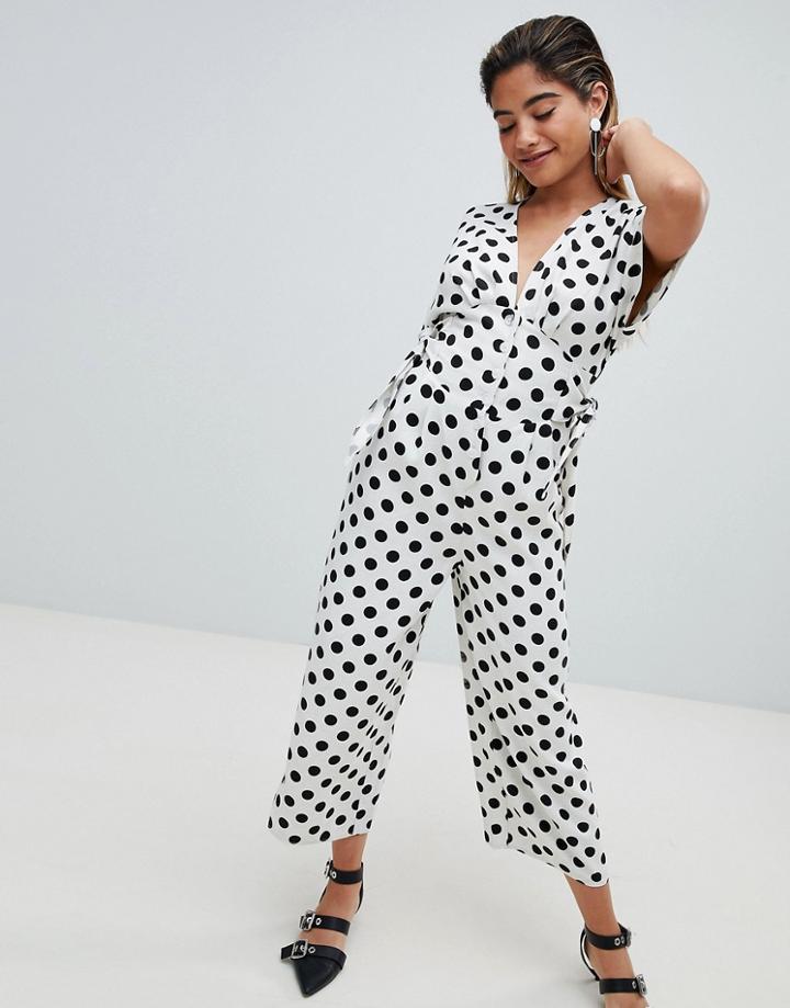 Asos Design Polka Dot Print Tea Jumpsuit In Linen Look With Side Tie Detail-multi