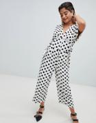 Asos Design Polka Dot Print Tea Jumpsuit In Linen Look With Side Tie Detail-multi