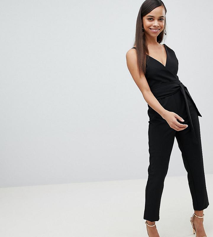 Asos Design Petite Wrap Front Jumpsuit With Peg Leg And Self Belt-black