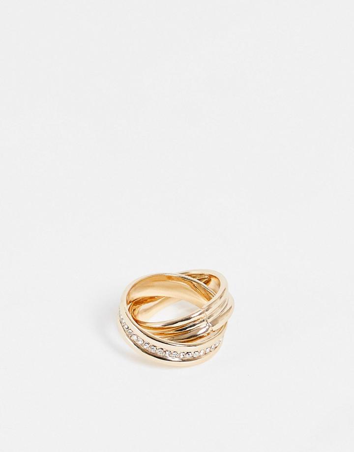 Topshop Embellished Crossover Chunky Ring In Gold