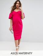 Asos Maternity Crepe Twist Front Midi Dress With Trumpet Sleeve - Pink