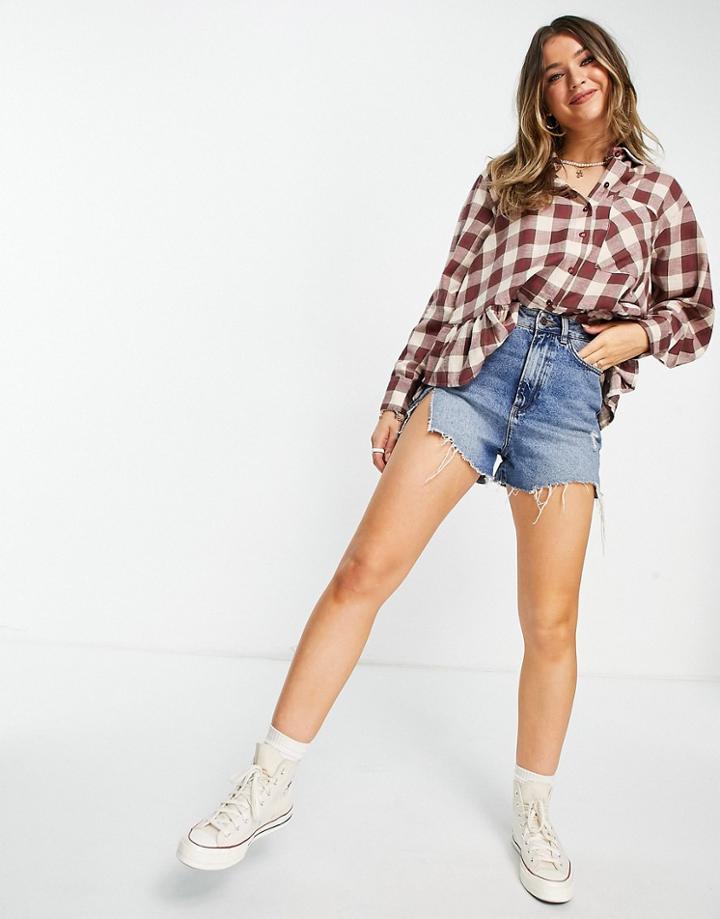 Asos Design Shirt With Peplum Hem In Brown And Cream Plaid-multi