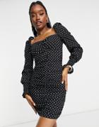 Asos Design Ruched Shirred Cuff With Strappy Back Mini Dress In Mono Spot-multi