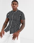 Bershka Join Life Striped Shirt With Grandad Collar In Black - Black