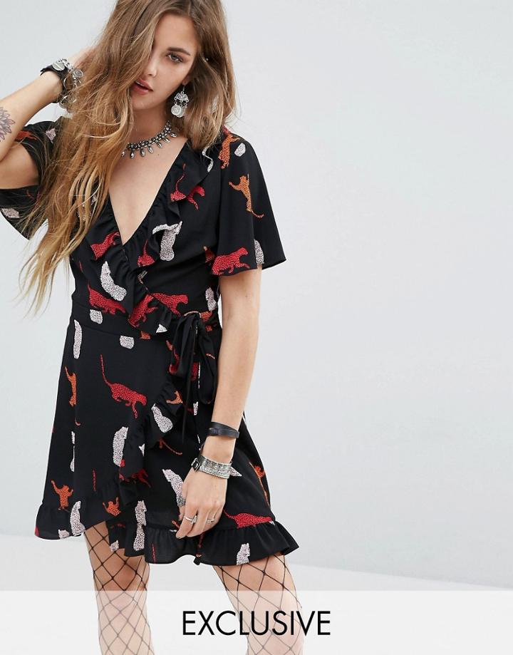 Reclaimed Vintage Inspired Mini Wrap Dress In Cat Print - Black