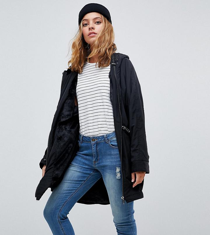 Asos Petite Midi Rain Jacket With Faux Fur Liner - Black