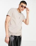 Asos Design Muscle Fit Longline T-shirt With Ruching In Beige-neutral