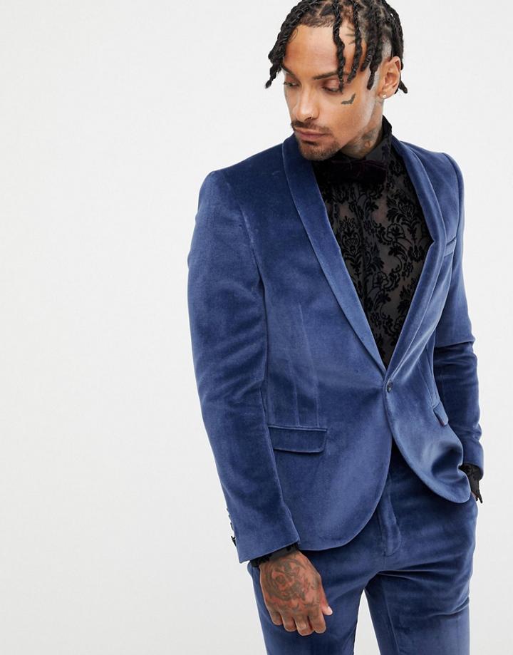 Twisted Tailor Super Skinny Suit Jacket In Navy Velvet - Navy