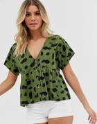 Influence Button Front Short Sleeve Top In Khaki - Green