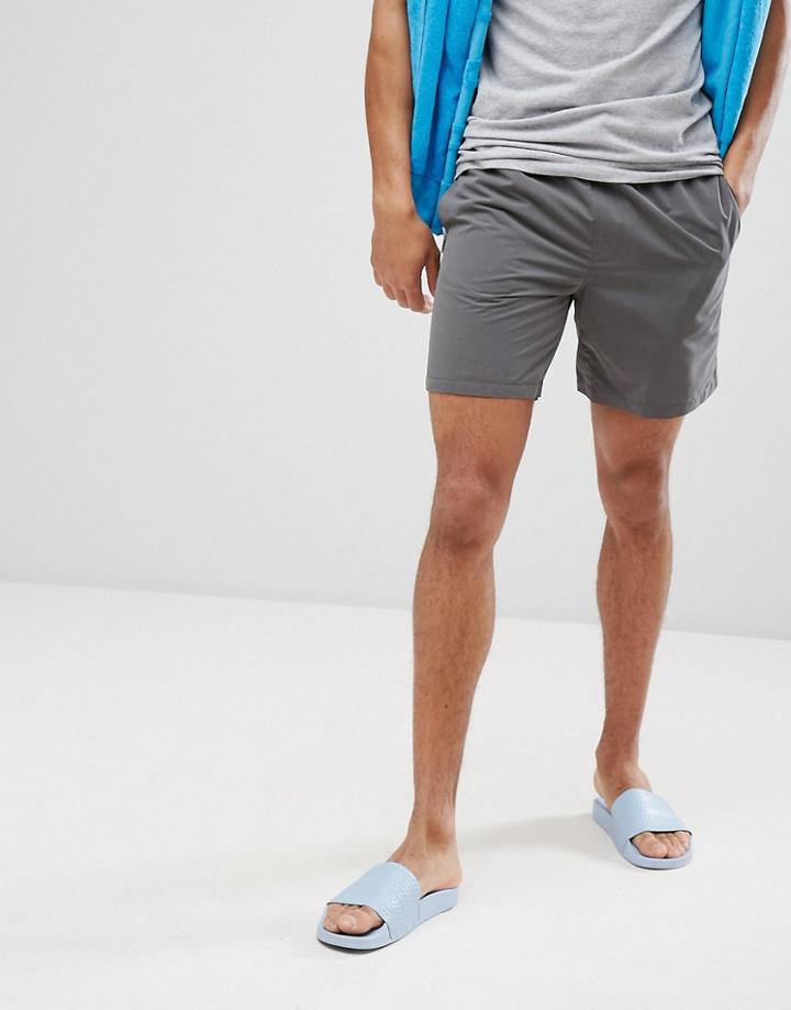 Asos Swim Shorts In Dark Gray With Neon Yellow Drawcord - Gray