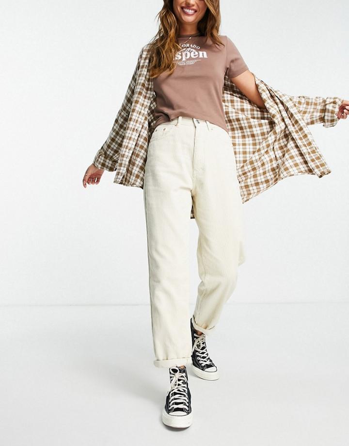 Pull & Bear High Waisted Basic Corduroy Mom In Ecru-neutral