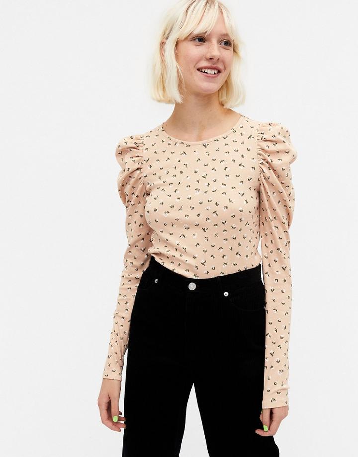Monki Ofelia Long Sleeve Top With Puff Sleeves In Orange Floral Print