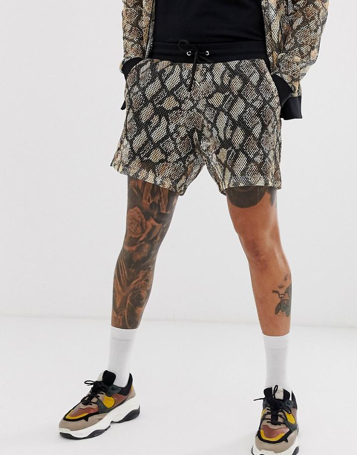 Asos Design Festival Two-piece Shorts With Snake Mesh Overlay - Multi