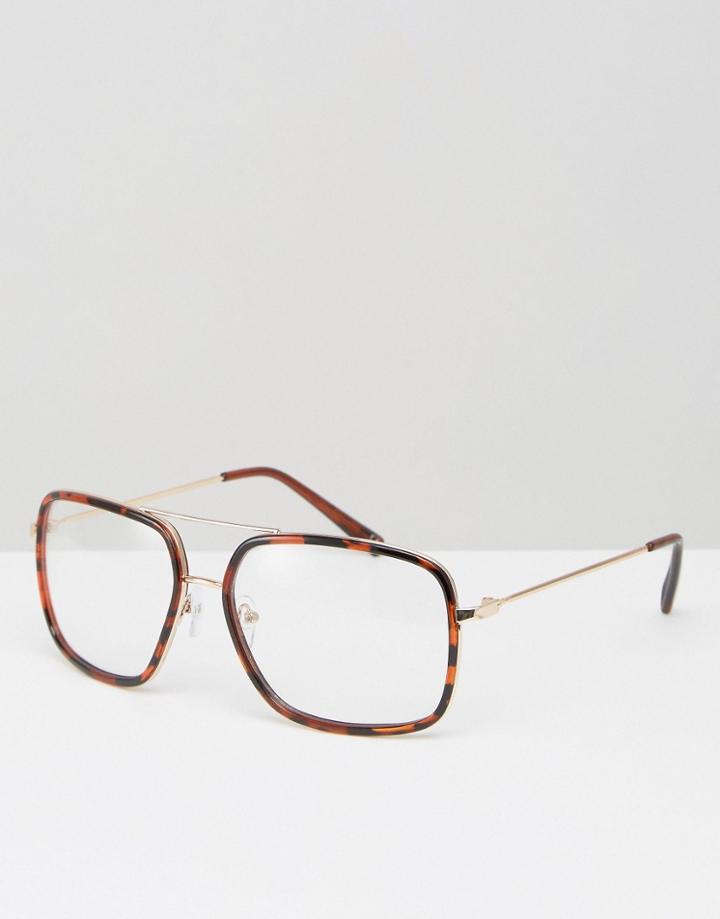 Asos Navigator Glasses In Tort With Clear Lens - Brown
