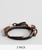 Icon Brand Brown Leather & Beaded Bracelets In 3 Pack - Brown