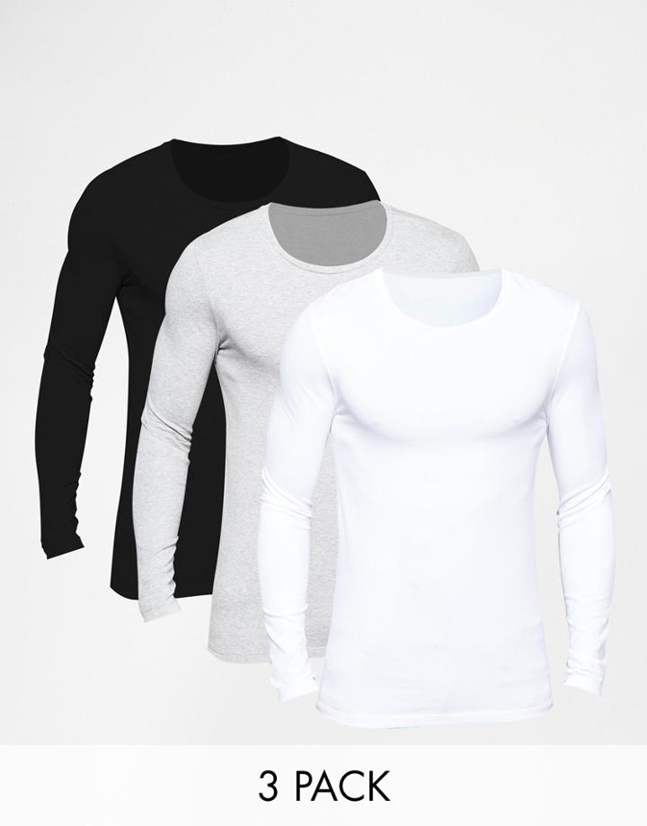 Asos Extreme Muscle Long Sleeve T-shirt With Crew Neck 3 Pack Save 21% - Multi