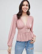 Asos Design Long Sleeve Wrap Top With Balloon Sleeve And Corset Waist - Pink