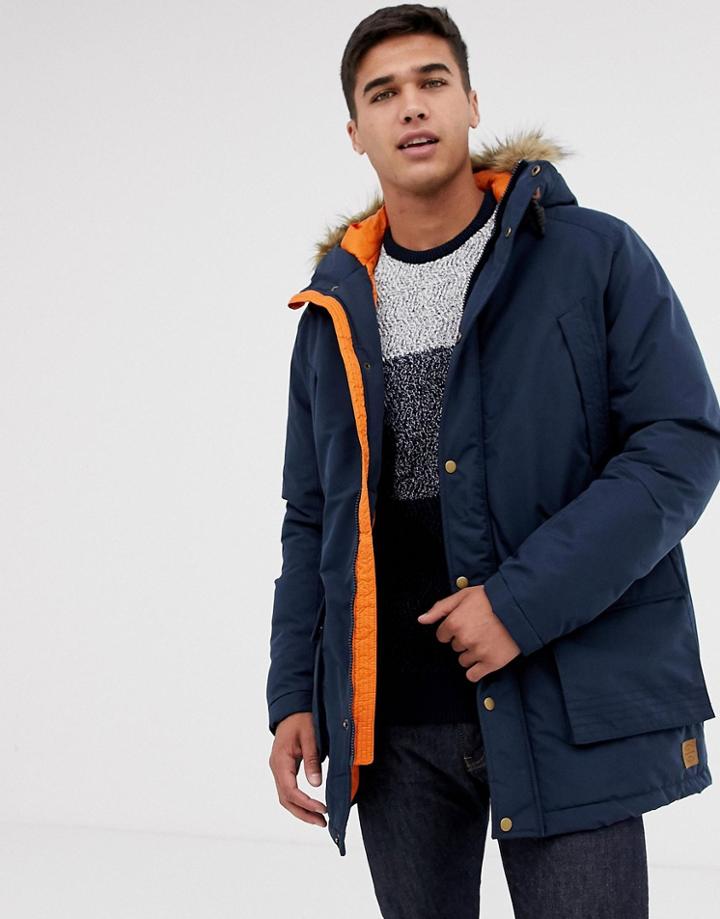 Jack & Jones Parka Jacket With Faux Fur Hood - Navy