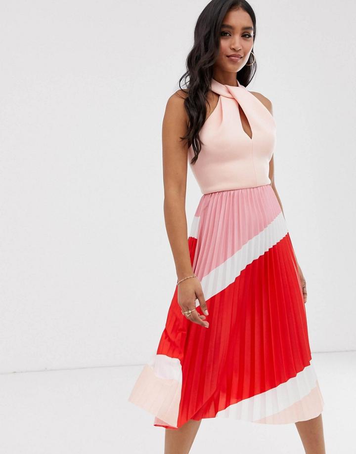 Asos Design Halter Pleated Color Block Midi Dress-multi