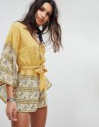Ebonie N Ivory Tie Waist Romper With Kimono Sleeves In Paisley - Yellow