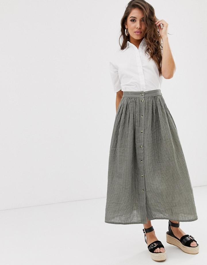 Na-kd Buttoned Midi Skirt In Dark Green And White Stripe - Green