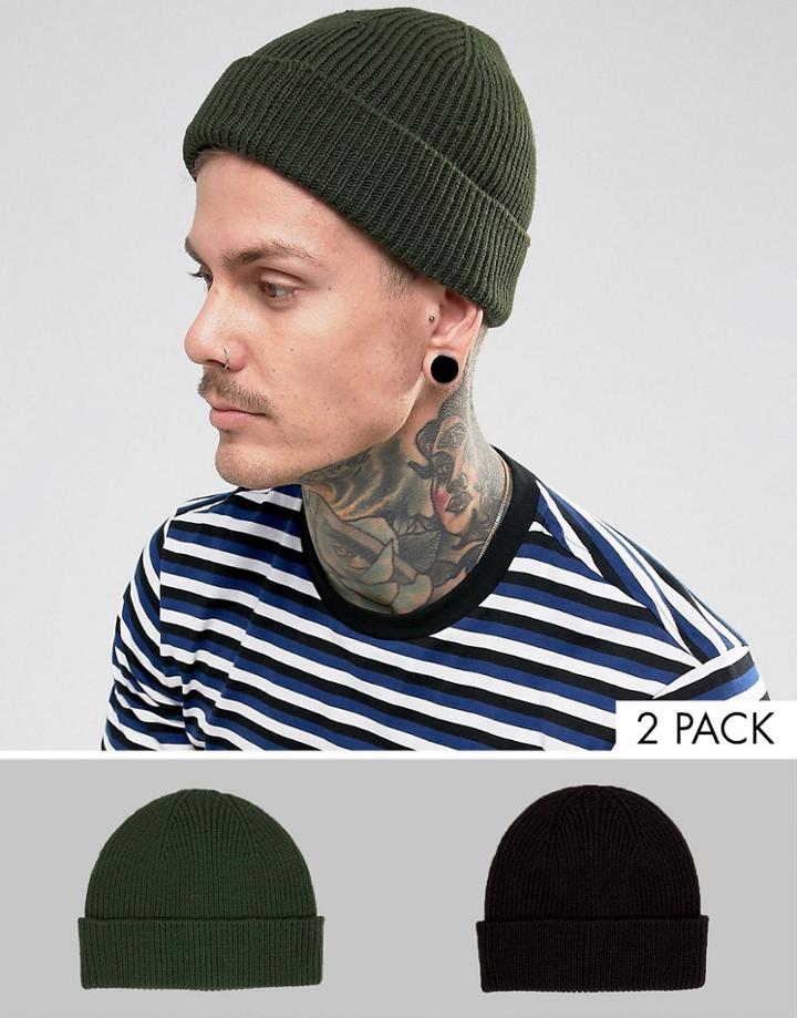 Asos Fisherman Beanie 2 Pack In Black And Khaki Save - Multi