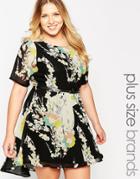 Yumi Plus Size Skater Dress With Belt In Floral Print