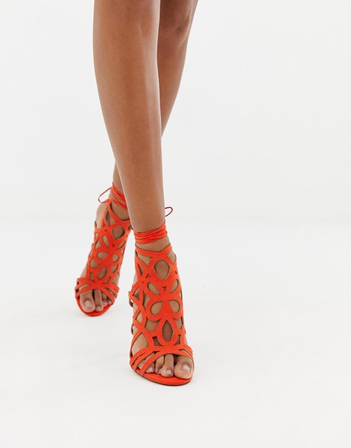 Miss Selfridge Caged Heeled Sandals In Coral - Black
