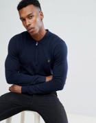 Farah Chesterton Slim Fit Merino Zip Neck Knitted Polo In Navy - Navy