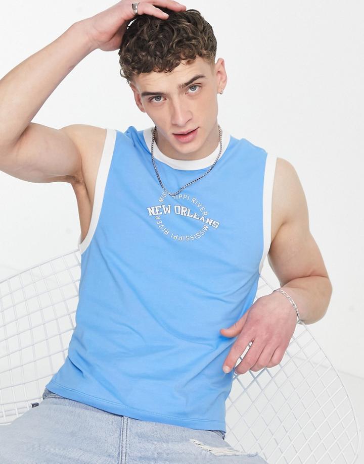 Asos Design Muscle Fit Ringer Tank Top In Blue With Varsity Front Print