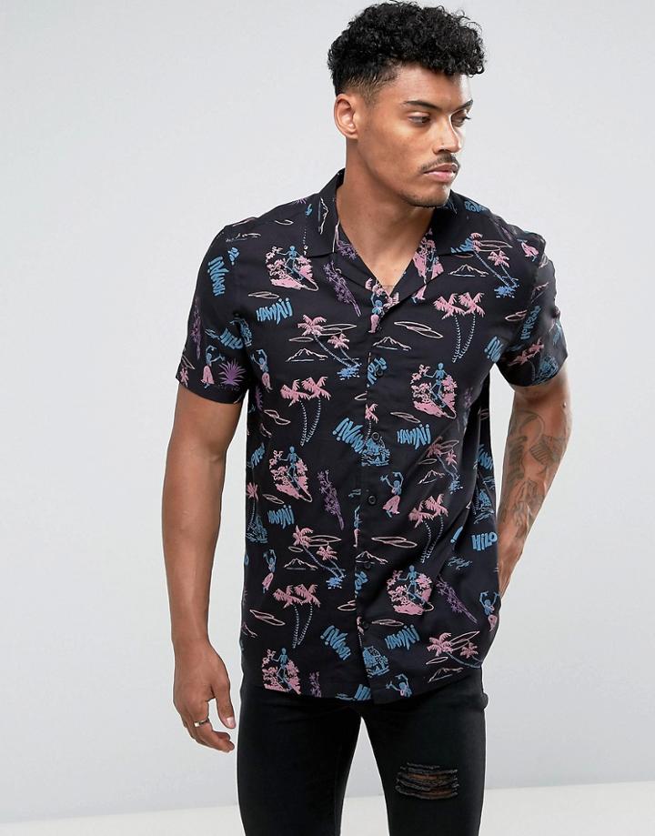 Asos Regular Fit Surfing Skeleton Viscose Shirt With Revere Collar - Black
