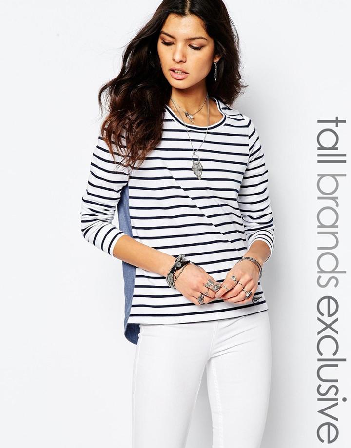 Noisy May Tall Long Sleeve Top With Denim Back Detail - Navy