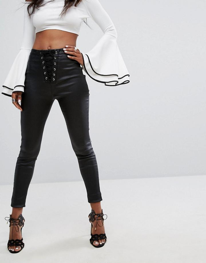 Prettylittlething Lace Up Coated Jeans - Black